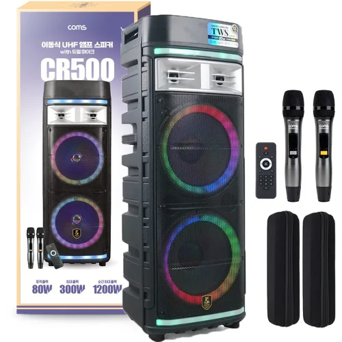 컴스 LED 이동식 UHF 블루투스 버스킹 노래방 앰프, CR500, 혼합색상