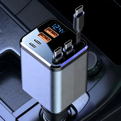 120W 7in1 차량용 멀티 초고속 충전기 C타입 자동감김 릴케이블 전압표시 USB 차량용 충전 어댑터, 블랙, C타입+C타입+C타입