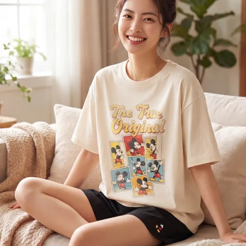 디즈니 포토제닉미키 빈티지 오버핏 반팔 티셔츠 남녀공용 레트로 캐릭터 반팔티
