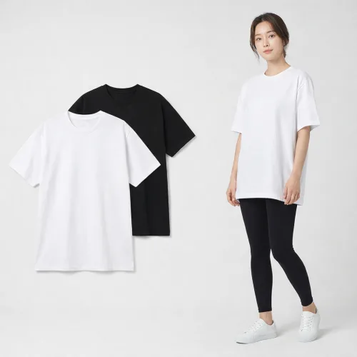 1+1 여성 레이어드 롱 반팔티 이너티 무지 기본 레깅스티 힙커버