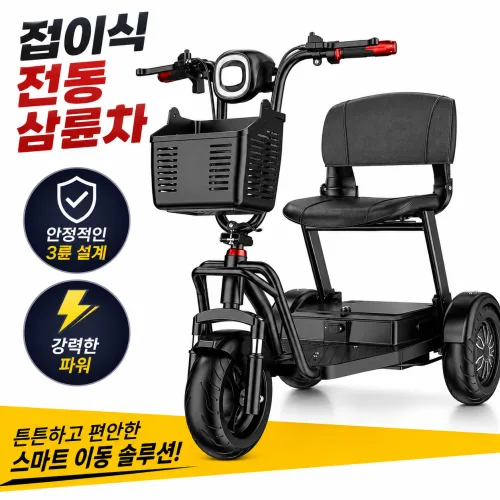 와일드그릿 접이식 전동 삼륜차 성인용 전기 세발자전거 소형 전동스쿠터 1인용 탈착식배터리 후진 레저용, 블랙, 48V/25A듀얼  약100km