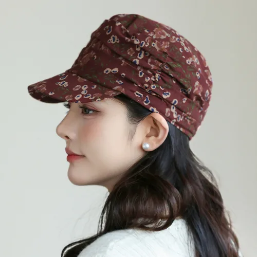 에스닉 플라워 주름 챙모자 여성 중년 엄마 외출 벙거지 두건 캡 모자