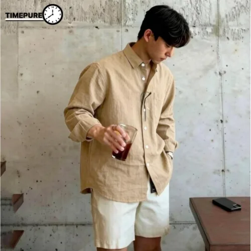 TIMEPURE 프리미엄 남성용 오버핏 린넨 셔츠 유니크한 디자인 남자 셔츠 남성 편안한 데일리 남방