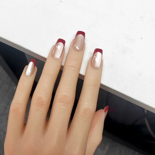 해피유통 레드 프렌치 라인 캣아이 네일팁 감성 프레스온 네일 세트 30p