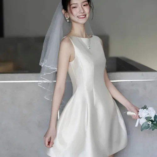 Yellwell 심플 민소매 새틴 웨딩 드레스 미니 A라인 웨딩 파티 원피스LZZ