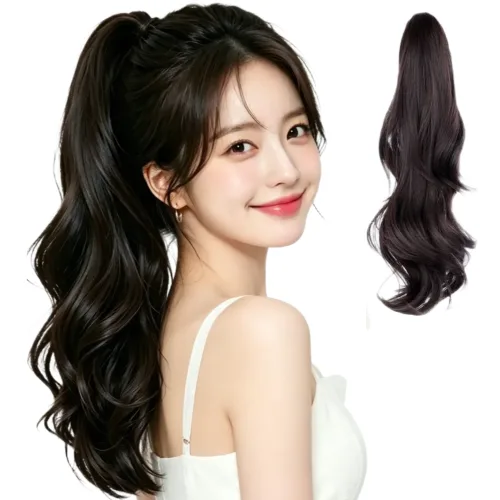 지니판 강력고정 대형집게핀 S컬 레이어드컷 포니테일 긴머리 가발, 1개, 내츄럴블랙