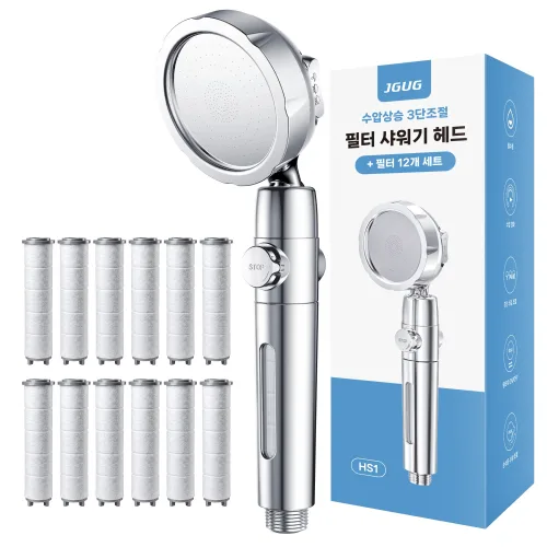 JGUG 필터 샤워기 헤드 고압 수압상승 3단조절 + 리필 필터 12p, 실버, 1세트
