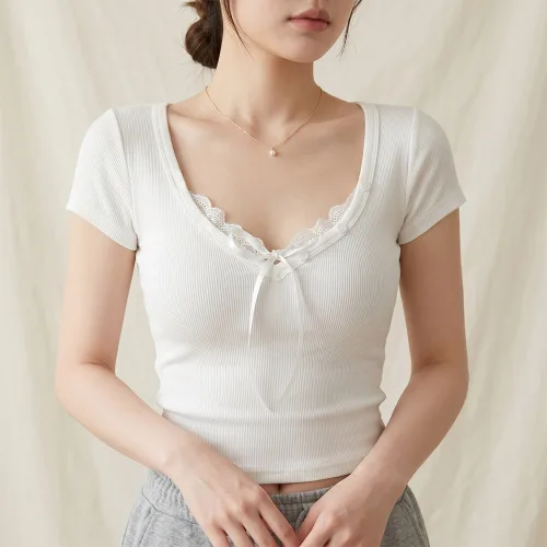여리핏 레이스 리본 스쿱넥 골지 크롭 반팔 티셔츠