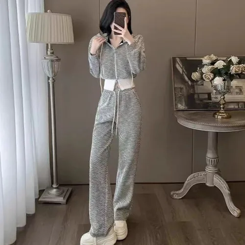 산책토끼 여성 캐주얼 트레이닝세트 봄 가을 데일리 후드집업 숏 루즈핏 와이드팬츠 투피스 긴팔 운동복세트 상하세트 W2608A25