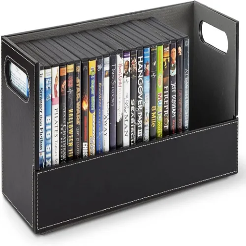 가정용 DVD 보관함 블루레이용 영화 선반 정리함 비디오 게임 케이스 CD VHS 테이프 진열대 디스크 홀더는 최대 28개의 DVD를 보관할 수 있으며 인조 가죽블랙을 있습니다