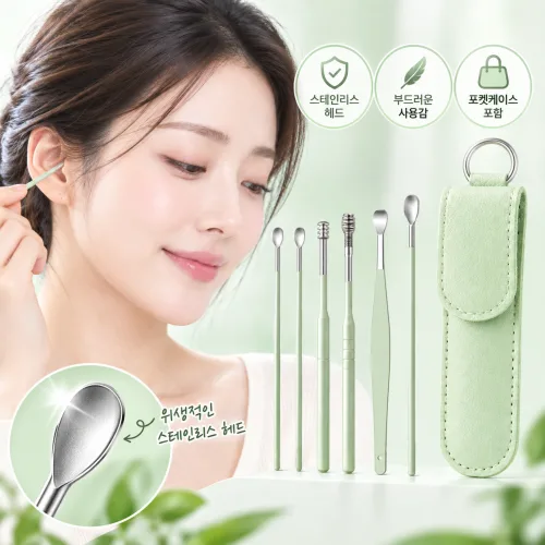 감동룸 포켓케어 귀이개 6종 세트 스테인리스 휴대용 케이스 베이비 그린, 1세트, 6개입