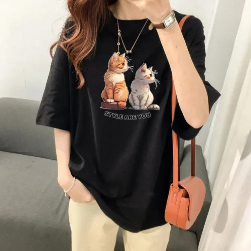 스타일아유 면100% 순면 귀여운 고양이 프린트 여름용 오버핏 반팔 티셔츠 원작 빅사이즈 루즈핏 반팔티 롱티 자체제작
