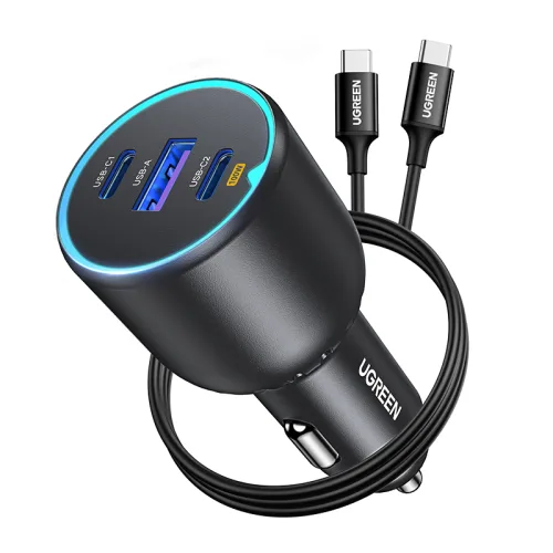 UGREEN 유그린 130W PD QC 3포트 시거잭 차량용 멀티 고속충전기 C+C+U,1m C-C 100w 케이블 세트, CD293, Black