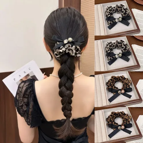 ZMBIRD 4PCS 레오파드 리본끈 진주 곱창 머리끈 T2297