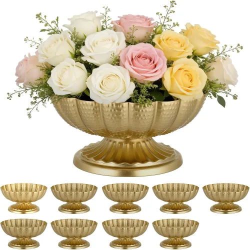 VEVOR 10 PCS 웨딩 플라워 꽃병 미니 테이블 중앙 조각 4.7인치 작은 꽃 그릇 장식용 쉬운 설치 파티 이벤트 홈 데코 리셉션을 위한 다용도 배열 스탠드 골드