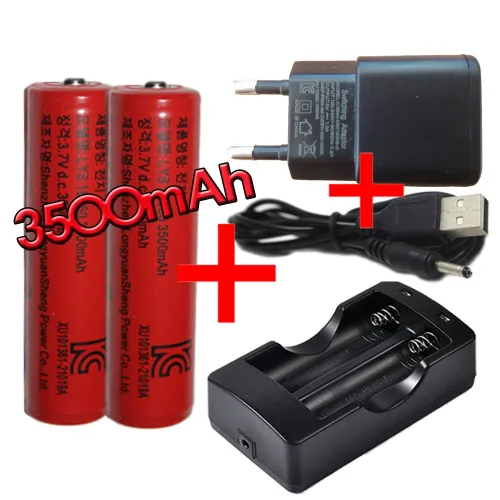18650 2구충전홀더+usb충전선+어댑터+3500mAh 충전지 (2개) / 리튬이온 재 충전용 배터리 헤드랜턴 랜턴 후레쉬 체온측정기 손 선풍기 전기 자전거 등, 1개