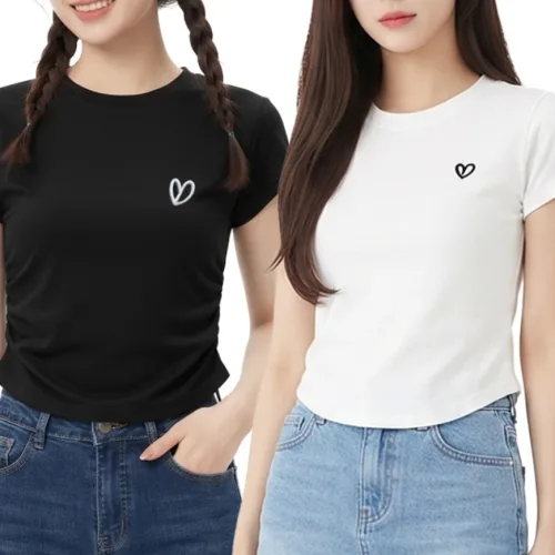 바이로이 여성 여름 모달 하트 자수 셔링 크롭 반팔티