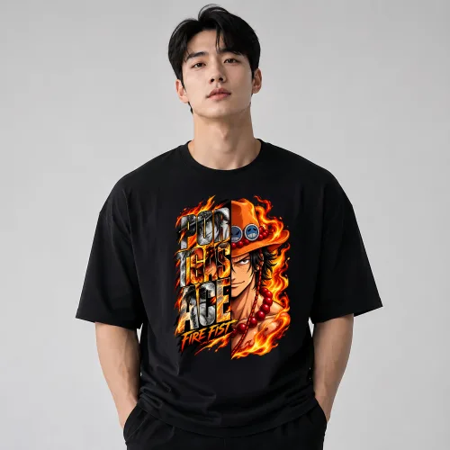 원피스 포트거스 D 에이스 불꽃 캐릭터 일러스트 남녀공용 오버핏 라운드넥 반팔 티셔츠 애니 굿즈 데일리 스트릿 그래픽 프린팅 상의