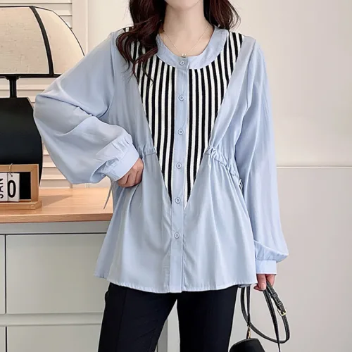 더벨러리 여성 스트링 긴팔 셔츠 블라우스 BCB5234 노칼라 쪼임 오피스 하객룩