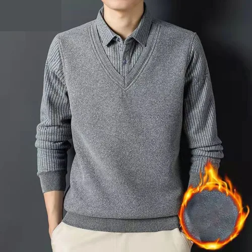 ORZQU 가을 겨울 남성 레이어드 셔츠 카라 보온 상의 기모 데일리 캐주얼 긴팔 티셔츠 상의