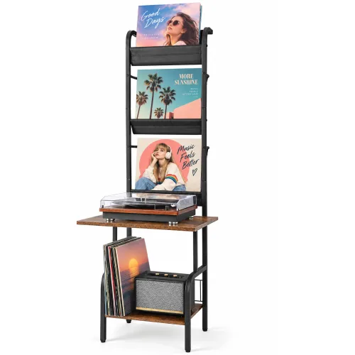 더디테일 레코드 플레이어 거치대 바이닐 수납장 턴테이블 거치대 LP 보관 전시 선반, 5단, 블랙