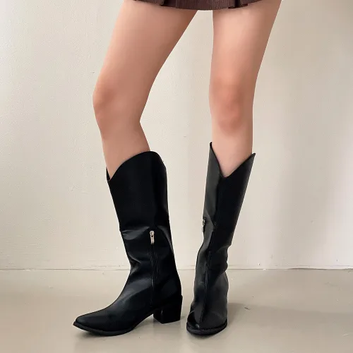 플라틴베이지 여성용 미들굽 브이컷 웨스턴부츠 5cm