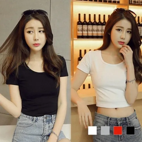 여성 쫄티 반팔티 크롭 스판텐셜 발목티 여자기본티 배꼽티 크롭반팔티 여성반팔티