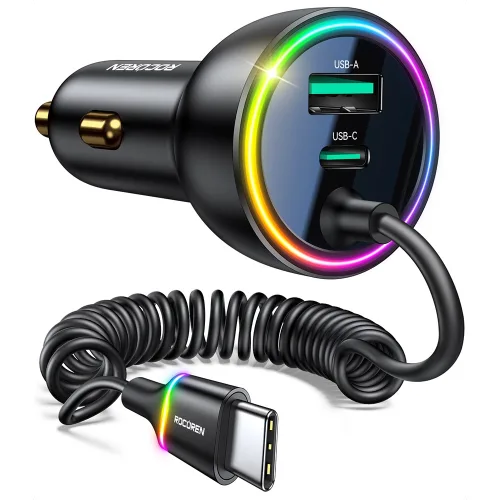 로코렌 70W 초고속 차량용 충전기 3포트 시거잭 PD QC 고속충전 USB C타입 멀티 어댑터, 블랙, 1.6M 케이블
