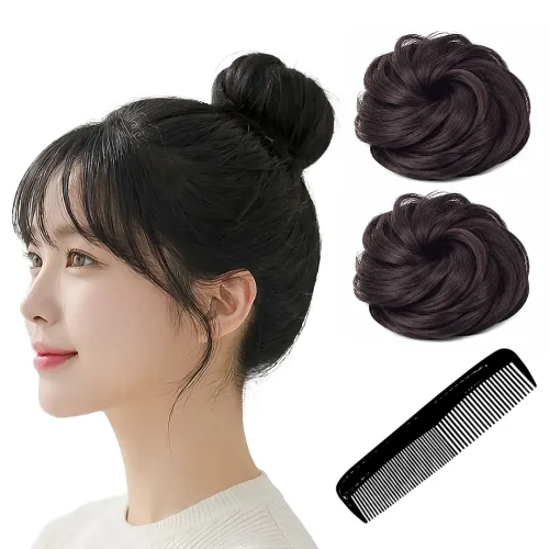 폴케이 풍성한 똥머리 올림머리 가발 밴드, 2개, 다크 브라운