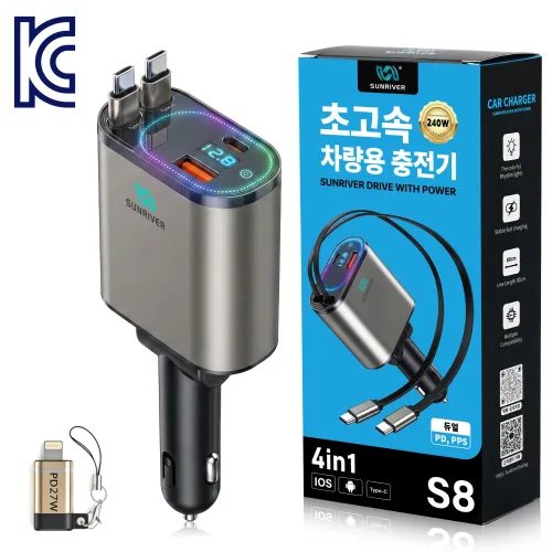 SUNRIVER 차량용 초고속 충전기 3세대 시리즈, 릴케이블C타입2개+애플잰더+USB+PD, 신형3세대 터치 스위치
