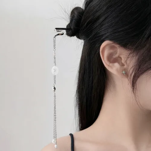 백송 실버 웨이브 태슬 체인 비녀 메탈 드롭 올림머리 한복 뒤꽂이 헤어 스타일링