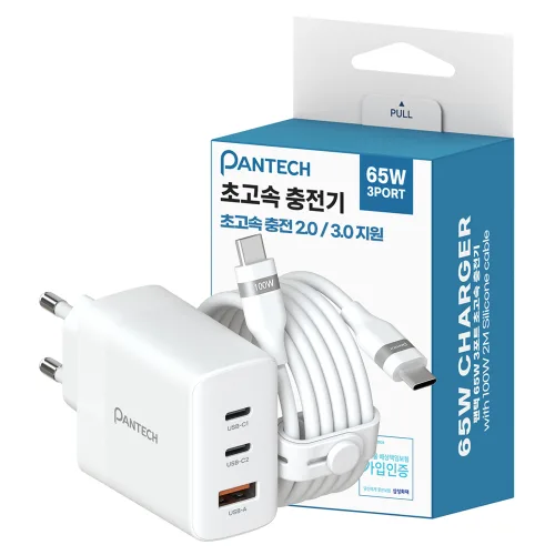팬택 PD 65W 3포트 GaN 초고속 멀티충전기 + C타입 실리콘 충전 케이블 100W 2m 세트, 화이트, 1개