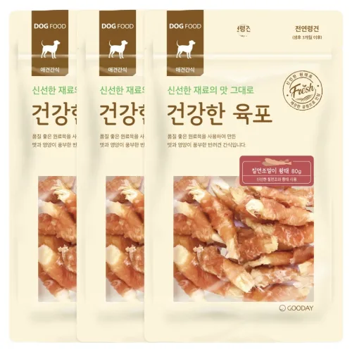굿데이 강아지 건강한 육포, 칠면조말이 황태, 80g, 3개