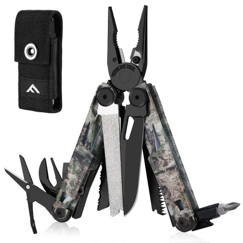 FLISSA 15 in 1 멀티툴 EDC 다기능 플라이어 휴대용 야외 캠핑 생존 접이식 도구 수납포켓 포함, 1개, 카모플라주