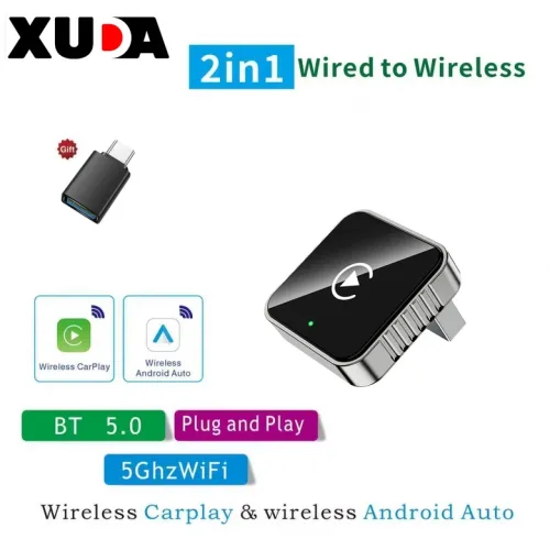 XUDA 2 in 1 유선에서 무선 CarPlay 안드로이드 오토 어댑터 (OEM 차량 스테레오용, USB 동글 미니 박스,