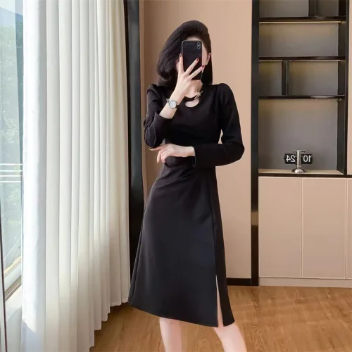 Vzela 여성 가을 롱원피스 고급 슬림핏 슬릿 이브닝 긴팔 드레스 워크샵 하객룩
