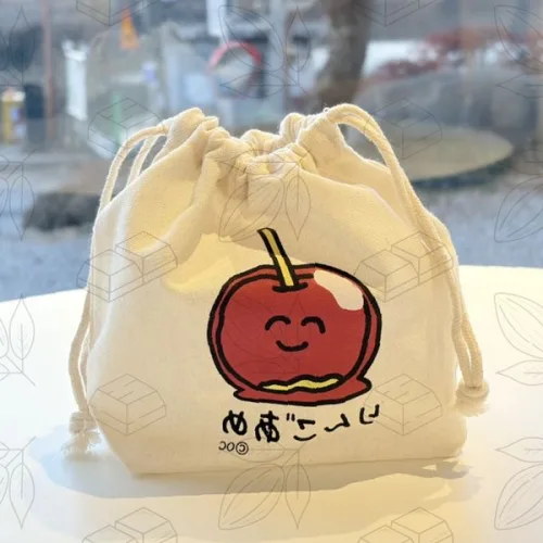 사과 캐릭터 코튼 조리개 파우치 귀여운 얼굴 프린트 천연소재 미니백 휴대용 소품가방 일본풍 디자인