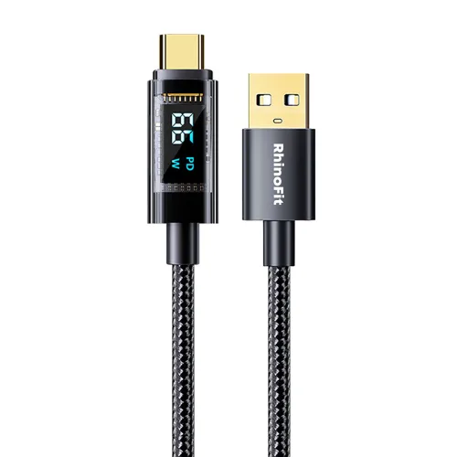 라이노핏 USB A-C타입 66W PD 고속 충전 투명 디스플레이 케이블, 2m, 블랙, 1개