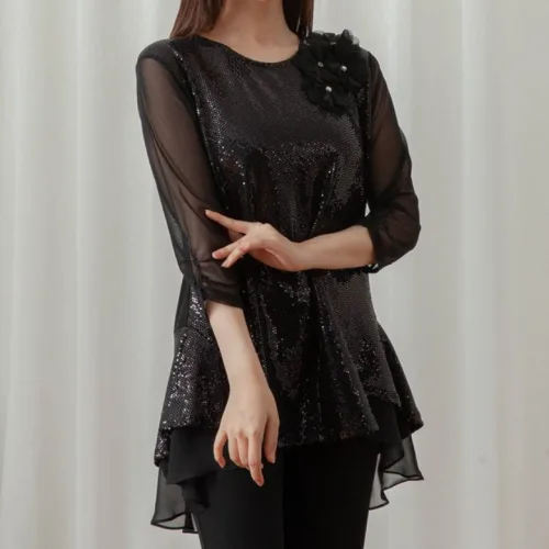 블링 반짝이 코사지 댄스 블라우스 화사한블라우스 화려한블라우스 스팽글 반짝이 러플 꽃