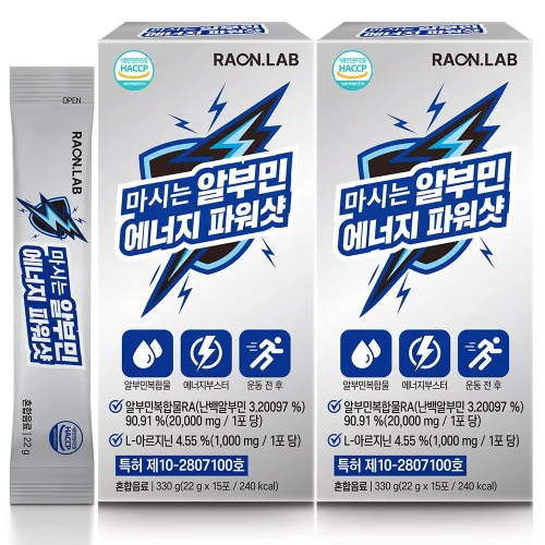 라온랩 마시는 알부민 에너지 파워샷 아르기닌 특허원료 1종 스틱알부민, 15포, 2개, 330g