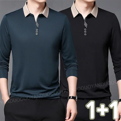 YANDUODUO 1+1/2장세트 중년남성 긴팔 카라티 아빠룩 비즈니스 4050대 긴팔셔츠 단추장식 봄가을 오피스룩 이너 상의 티셔츠