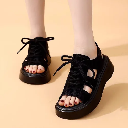 로르카 여성 레오파드 패턴 레이스업 오픈토 스포티 통굽 캐주얼 샌들