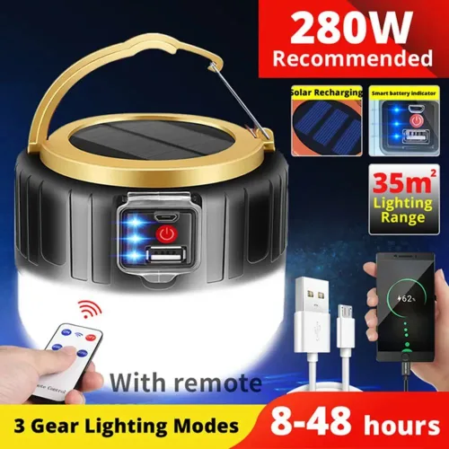 고출력 태양열 LED 캠핑 조명  USB 충전식 전구 야외 텐트 램프 휴대용 랜턴 캠핑용 비상등