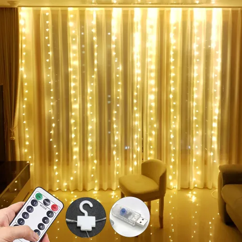 DaiFu LED 커튼조명 와이어전구 USB 방수형 리모컨 타입 줄조명 300구 3*3m ( 걸이와 리모컨을 포함합니다)