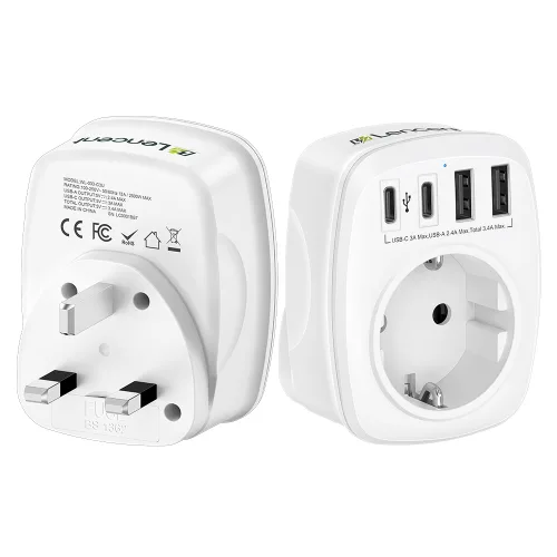 렌센트 전세계 여행용 해외 영국 규격(Type G) 플러그 어댑터 4포트 (2 USB A + 2 USB C) 싱가포르 말레이시아 두바이 변환 멀티탭 화이트