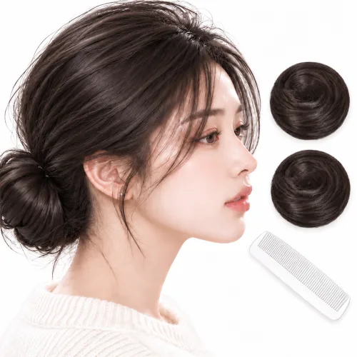 엔코픽 똥머리 가발 풍성한 로우번 부분 올림머리 머리끈 강력고정, 2개, 브라운블랙