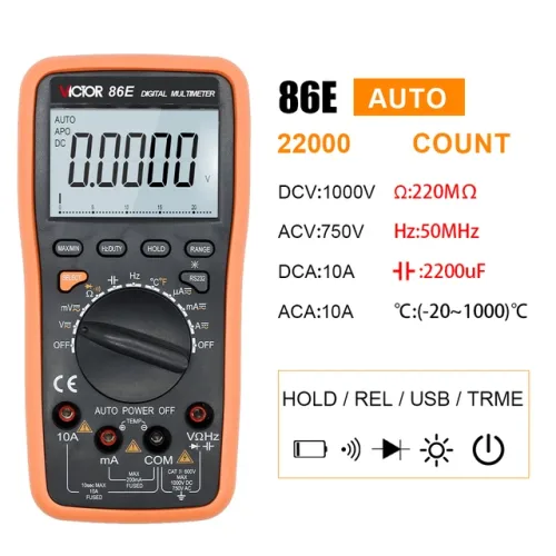 22000 카운트 고정밀 디지털 멀티미터 자동 범위 AC/DC 온도 주파수 커패시터 USB 테스터 안티 번 빅터 86