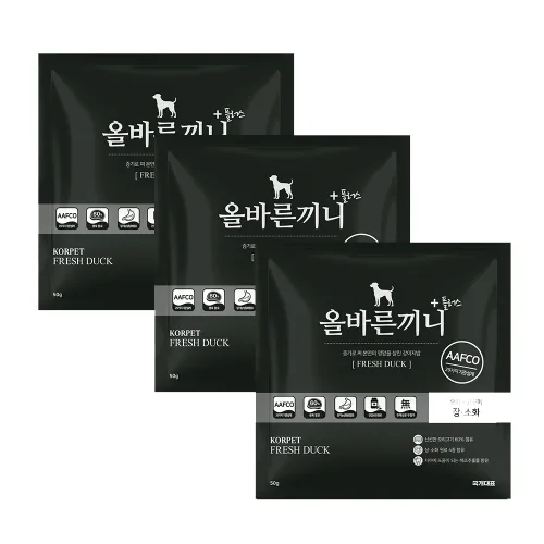 올바른끼니 플러스 맛보기 특식 50g- 장건강에 좋은 오리 고구마(장건강) 강아지사료 _ 60%생육, 100%휴먼그레이드, 스팀공법 영양식 강아지밥, 오리, 50g, 3개