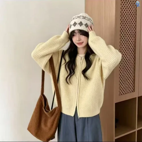 708090 여성용 지퍼 숏 니트가디건