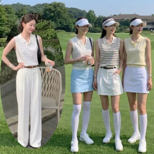 칼라넥 민소매 골프 니트 조끼 슬림핏 줄무늬 여자 스포츠 베스트